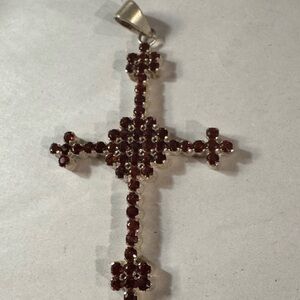 Bohemian Garnet Crystal Gothic Cross Victorian Pendant in Silver tone metal 3”